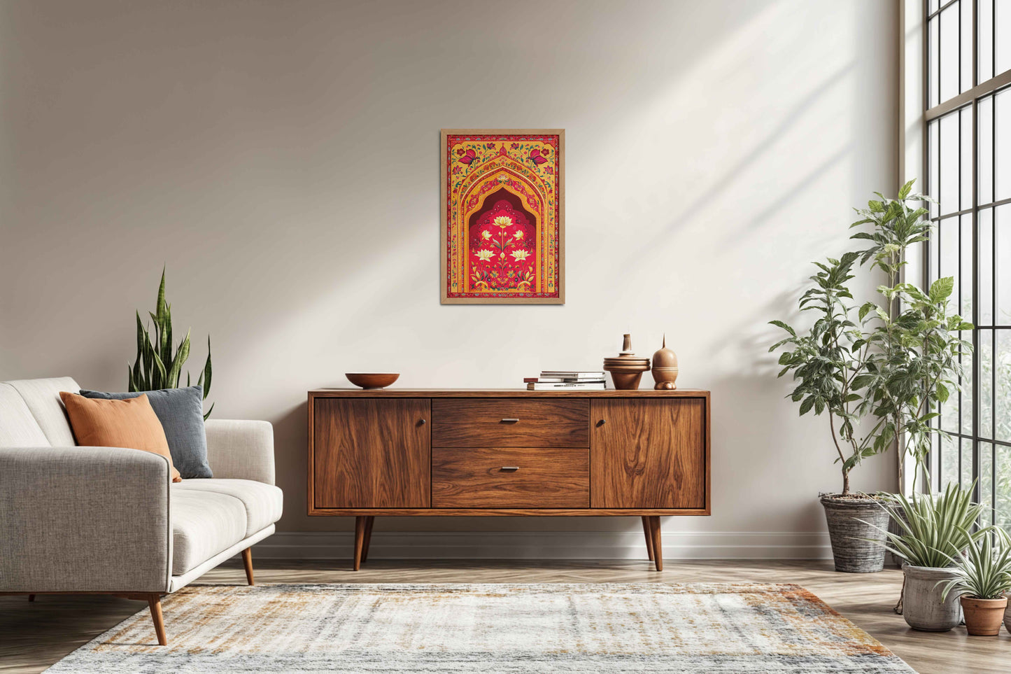 Living Room Sofa Preview of Golden Arch & Lotus Motif – Mughal-Inspired Wall Decor in Natrual Color Frame
