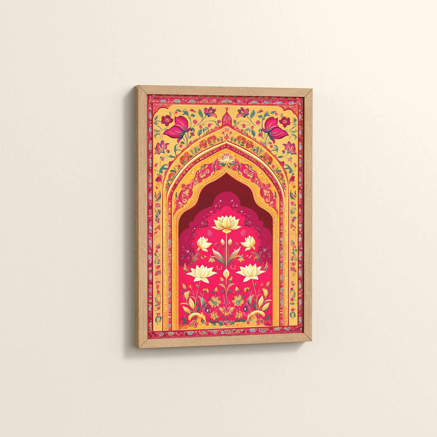 Side View of Golden Arch & Lotus Motif – Mughal-Inspired Wall Decor in Natrual Color Frame