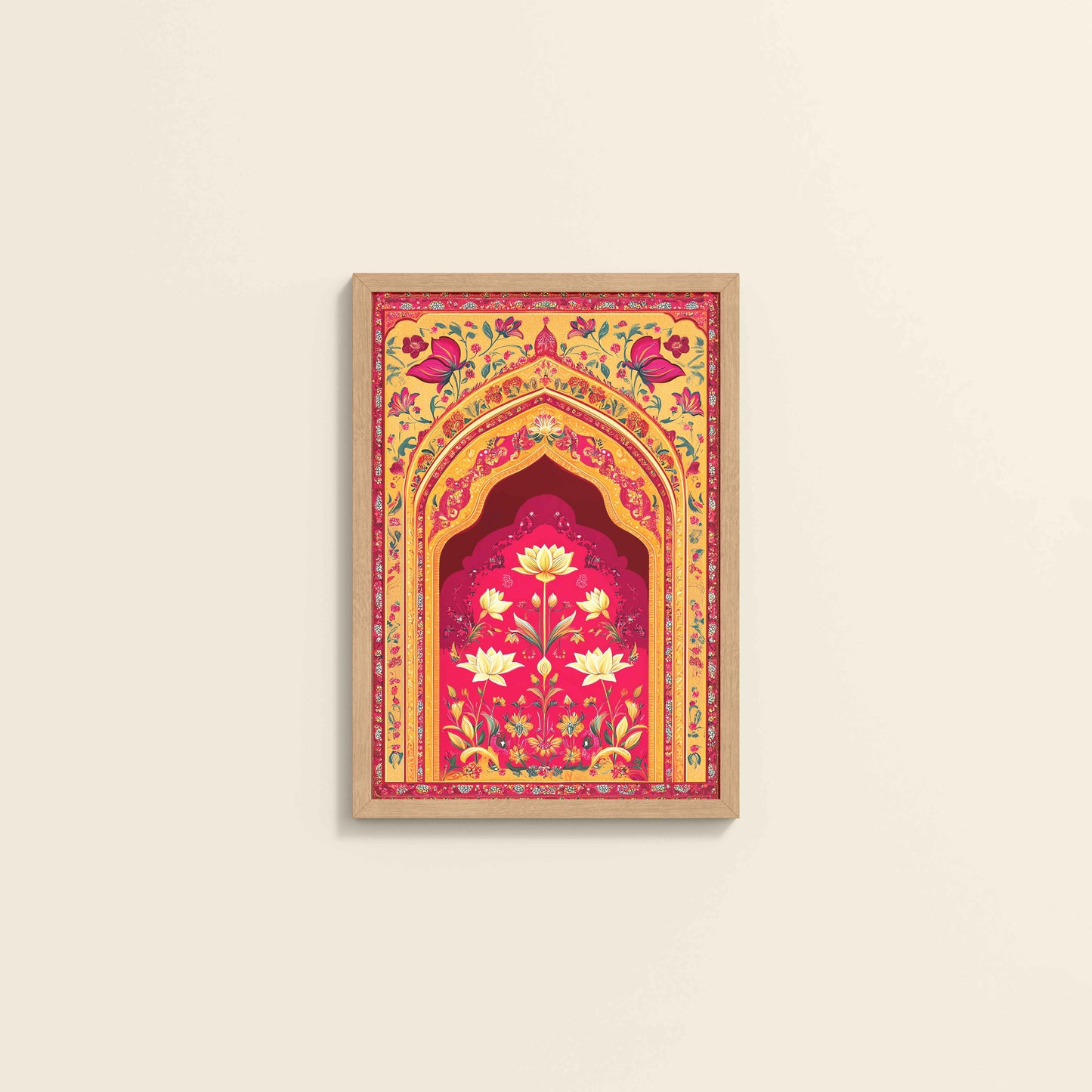 Wall View of Golden Arch & Lotus Motif – Mughal-Inspired Wall Decor in Natrual Color Frame