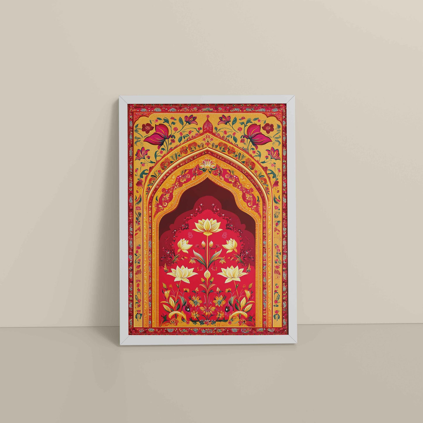 Floor View of Golden Arch & Lotus Motif – Mughal-Inspired Wall Decor in White Color Frame