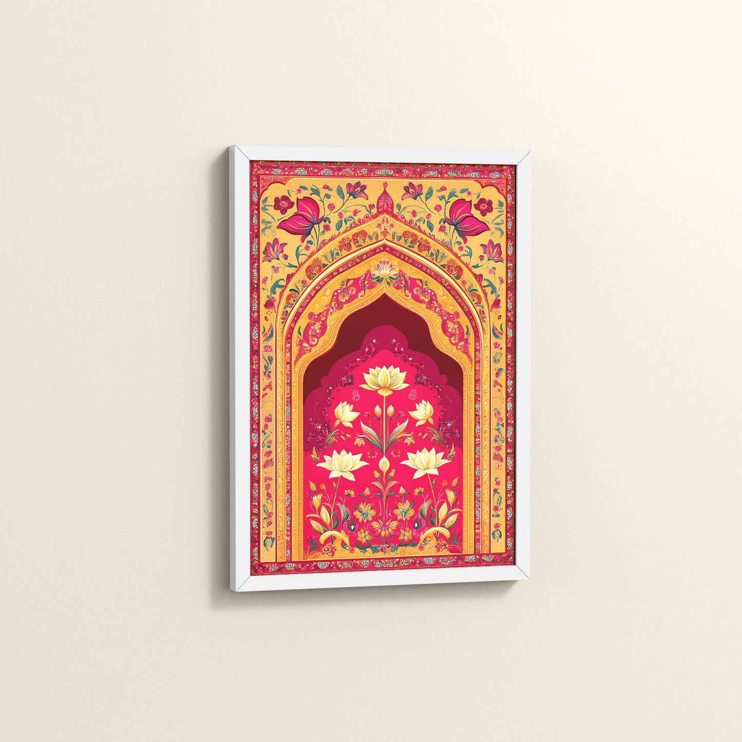 Side View of Golden Arch & Lotus Motif – Mughal-Inspired Wall Decor in White Color Frame