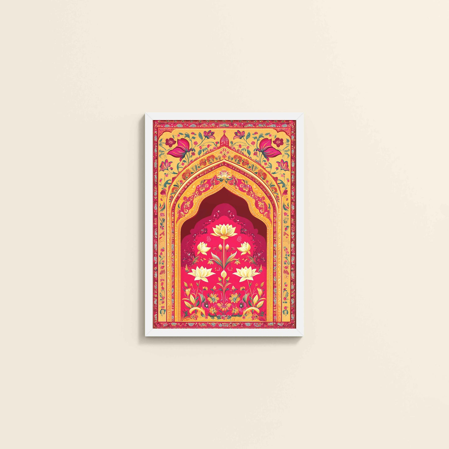 Wall View of Golden Arch & Lotus Motif – Mughal-Inspired Wall Decor in White Color Frame