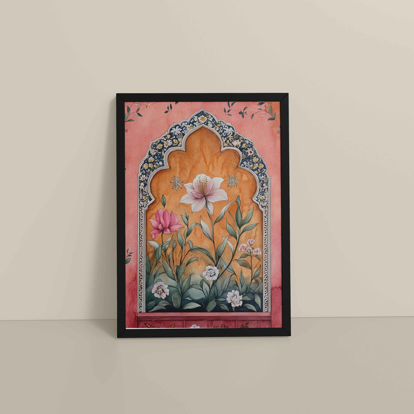 Floor View of Royal Arch & Bloom – Traditional Mughal-Style Painting in Black Color Frame