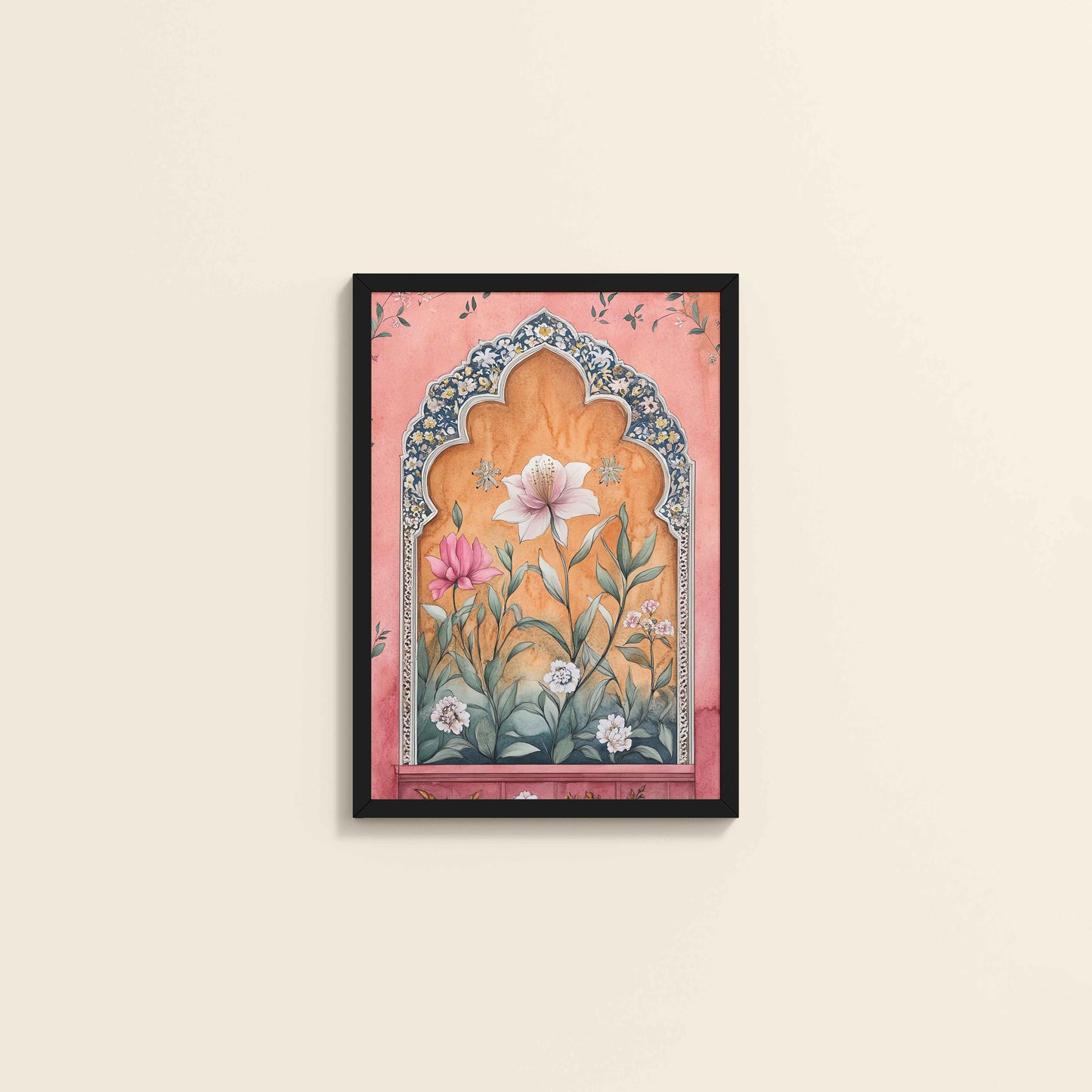 Wall View of Royal Arch & Bloom – Traditional Mughal-Style Painting in Black Color Frame