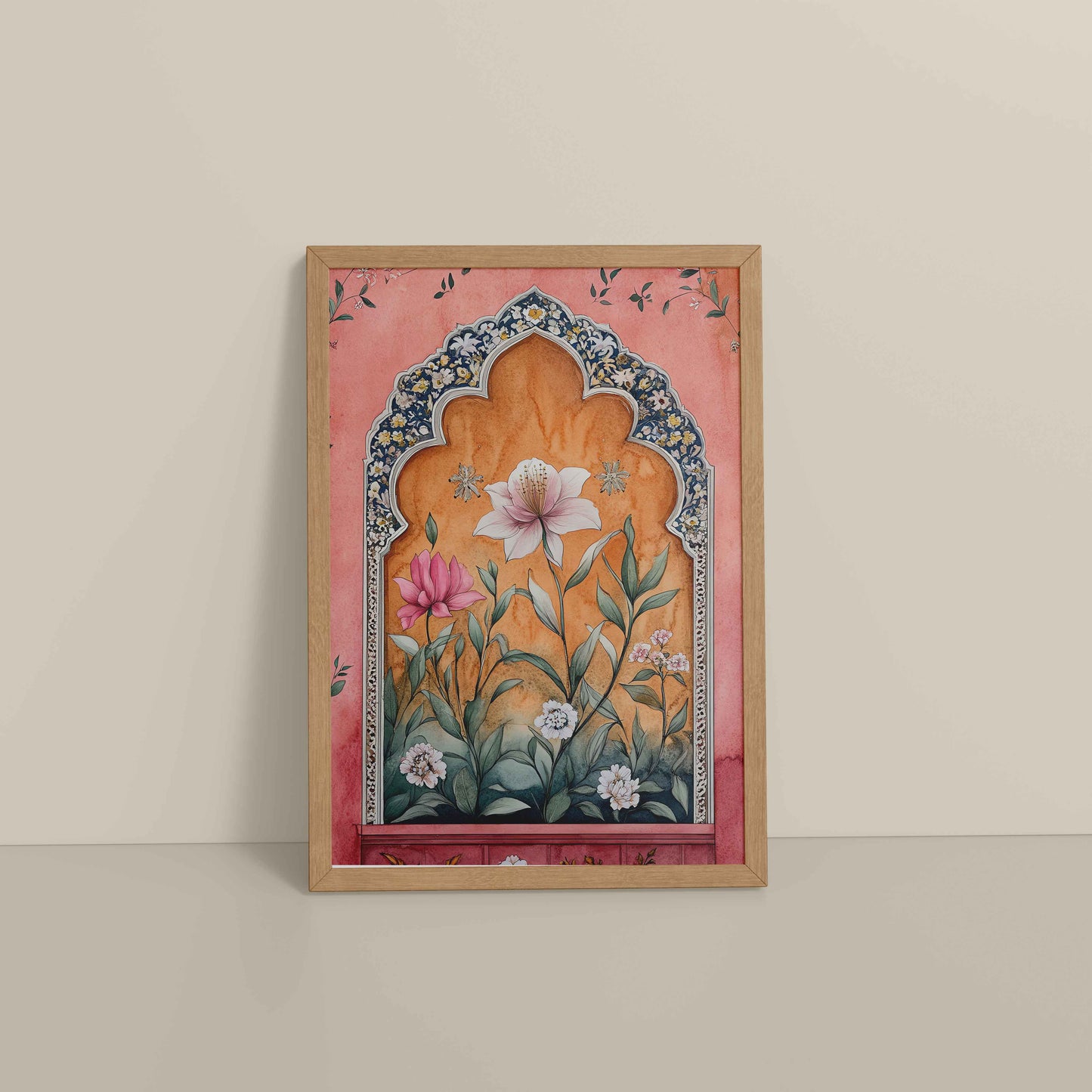 Floor View of Royal Arch & Bloom – Traditional Mughal-Style Painting in Natrual Color Frame