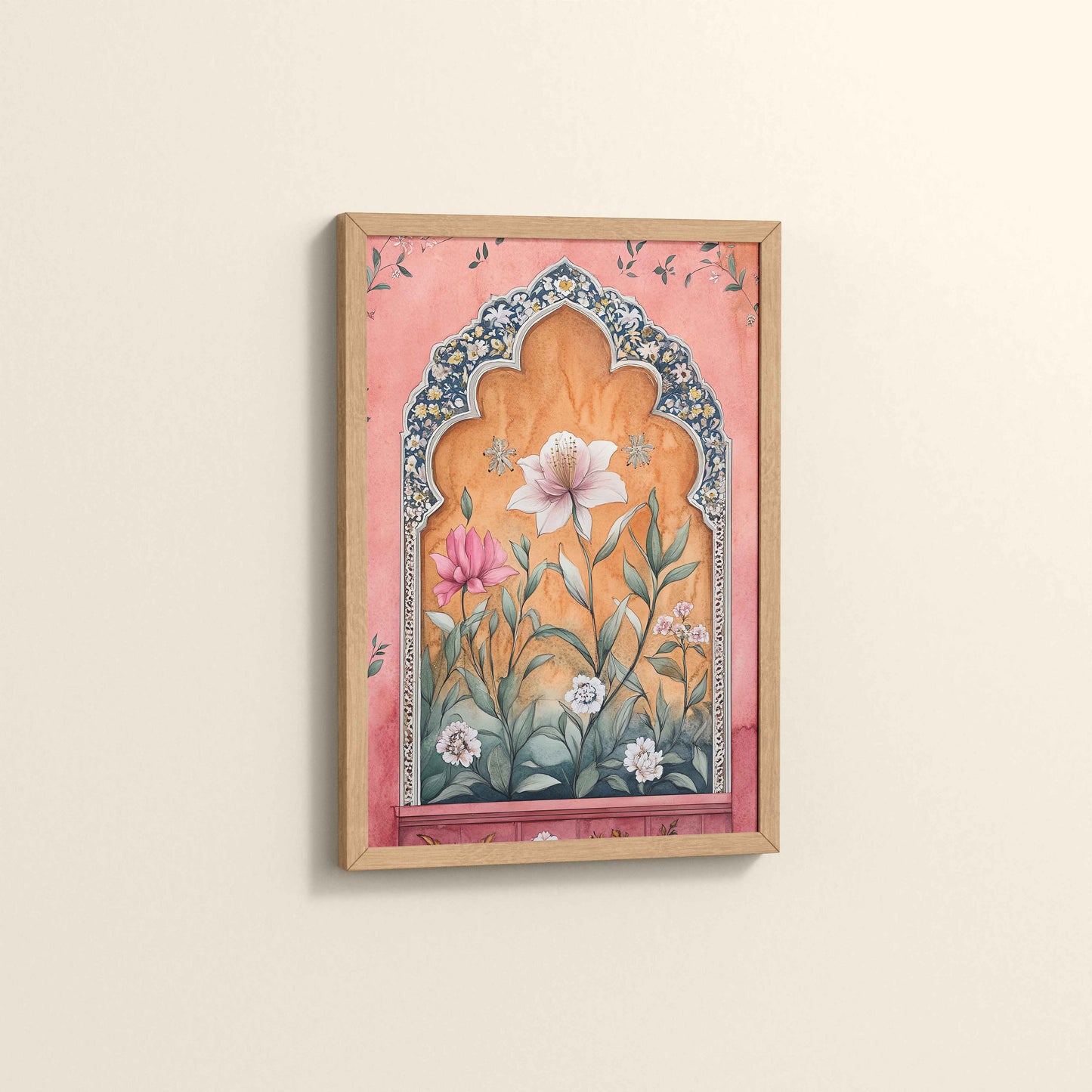 Side View of Royal Arch & Bloom – Traditional Mughal-Style Painting in Natrual Color Frame
