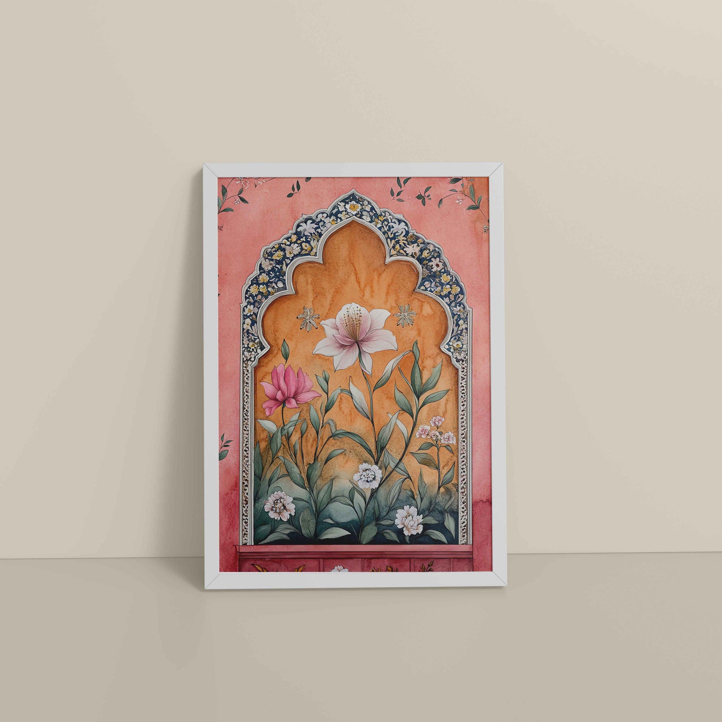 Floor View of Royal Arch & Bloom – Traditional Mughal-Style Painting in White Color Frame