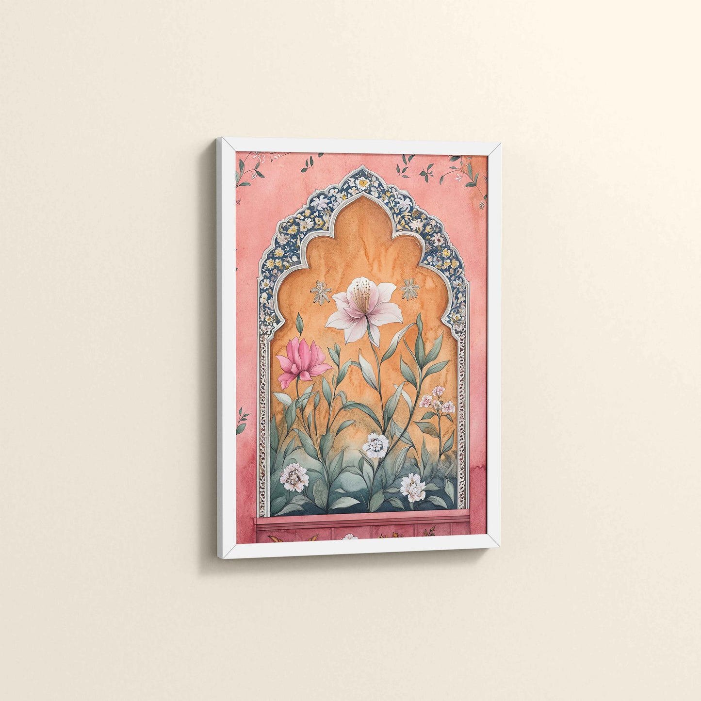 Side View of Royal Arch & Bloom – Traditional Mughal-Style Painting in White Color Frame