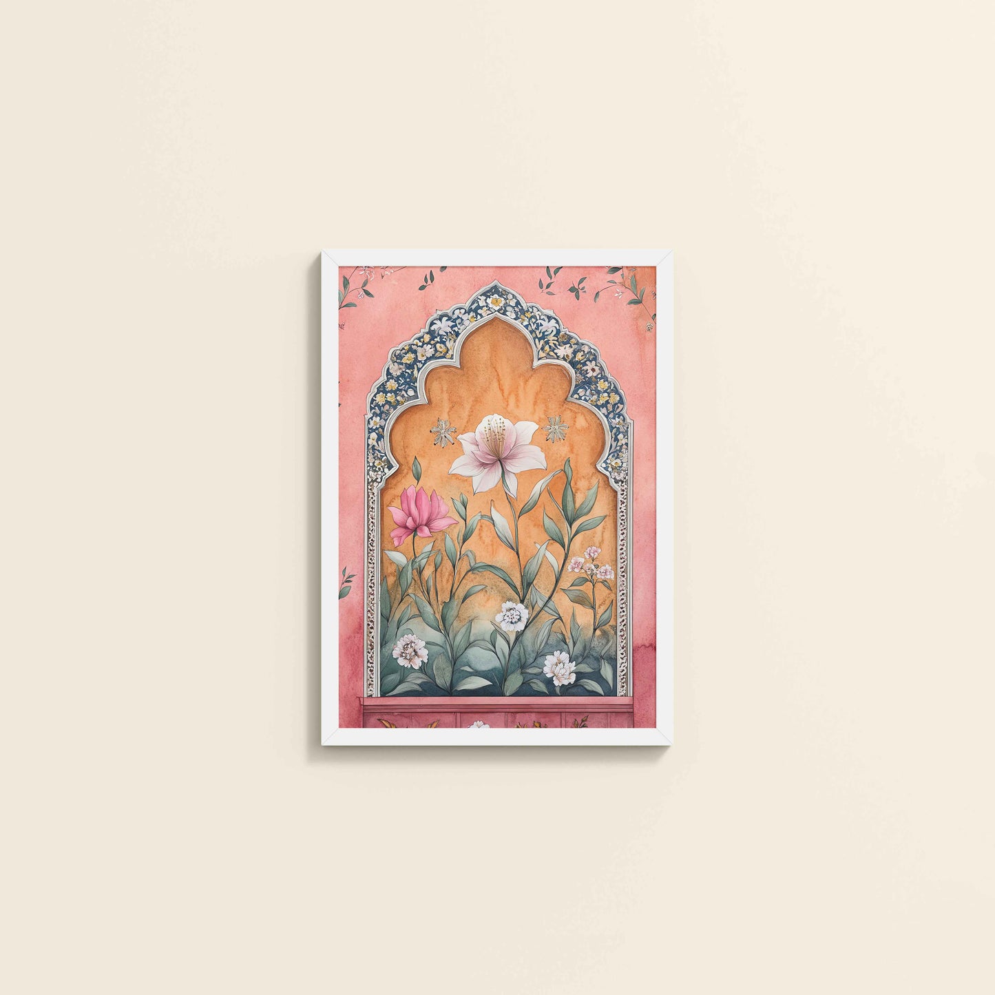 Wall View of Royal Arch & Bloom – Traditional Mughal-Style Painting in White Color Frame