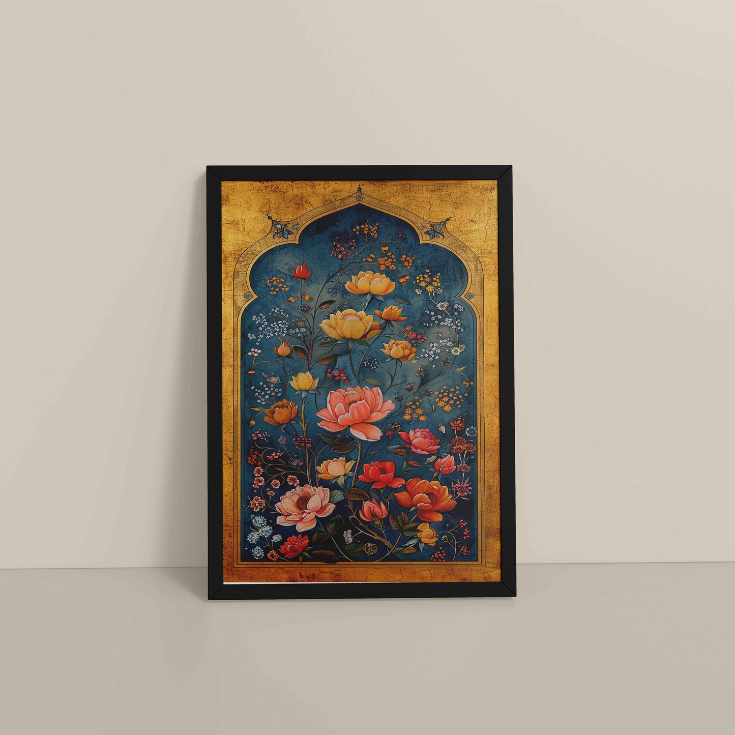 Floor View of Mughal-Persian Blossoms – Floral Elegance for Wall Decor in Black Color Frame