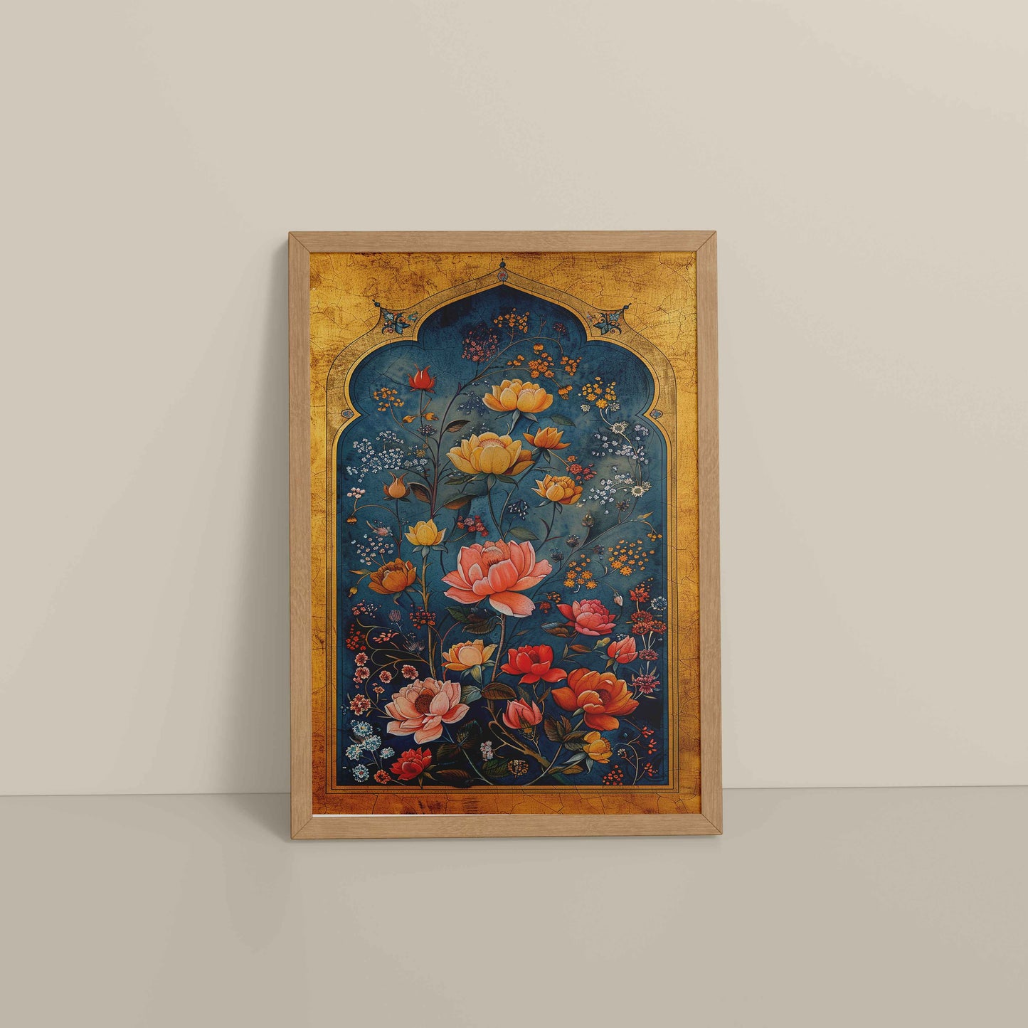 Floor View of Mughal-Persian Blossoms – Floral Elegance for Wall Decor in Natrual Color Frame