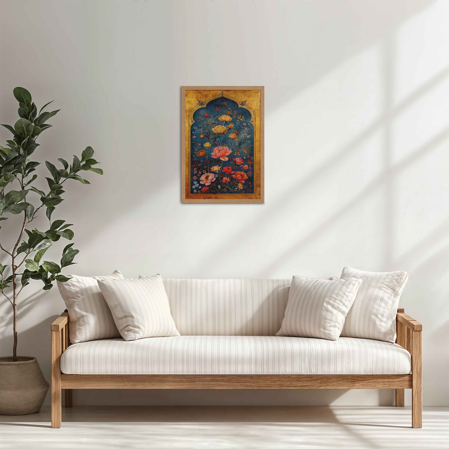 Living Room Cabinet Table Preview of Mughal-Persian Blossoms – Floral Elegance for Wall Decor in Natrual Color Frame