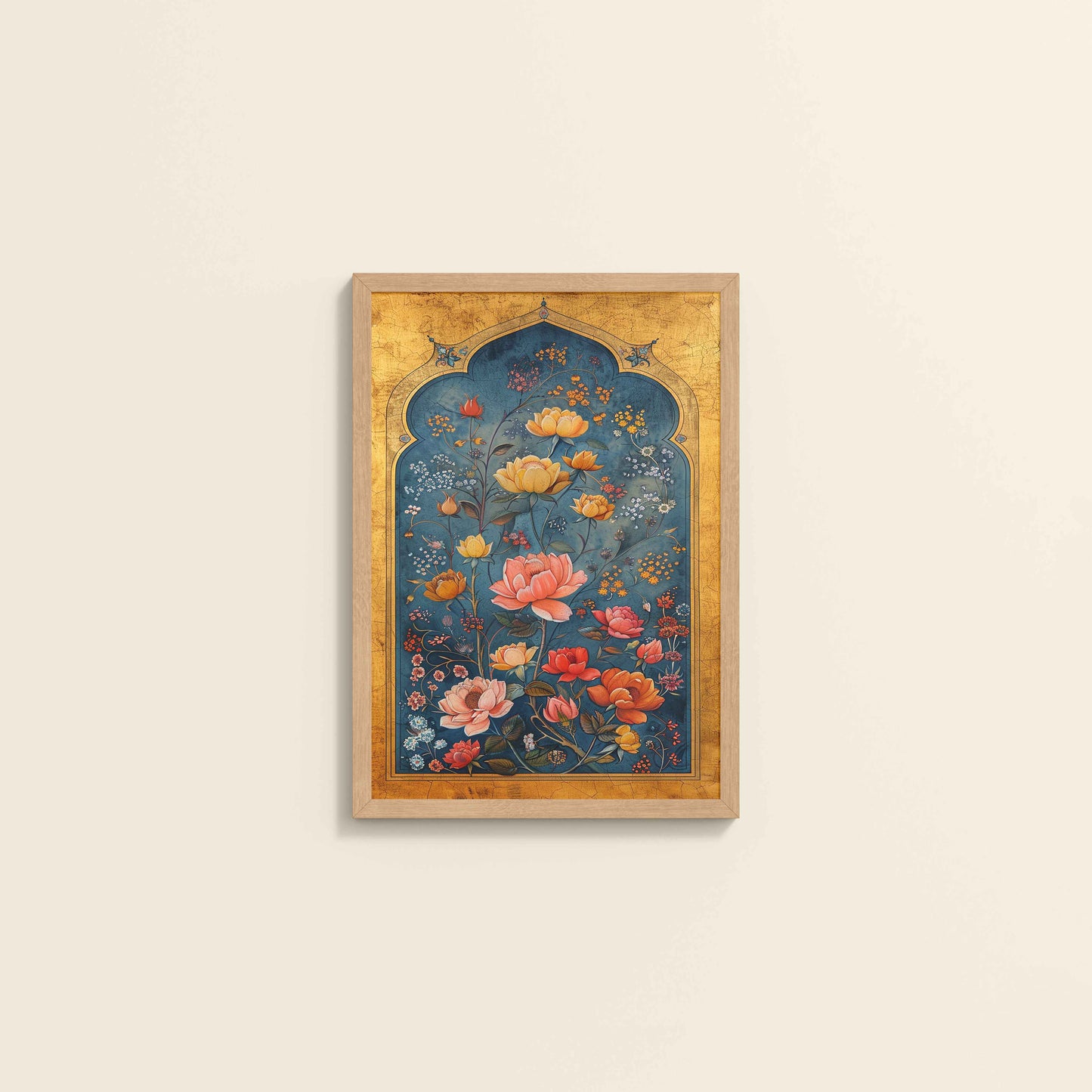 Wall View of Mughal-Persian Blossoms – Floral Elegance for Wall Decor in Natrual Color Frame