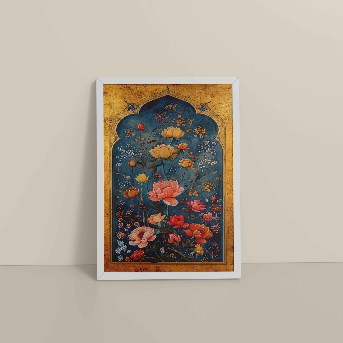 Floor View of Mughal-Persian Blossoms – Floral Elegance for Wall Decor in White Color Frame
