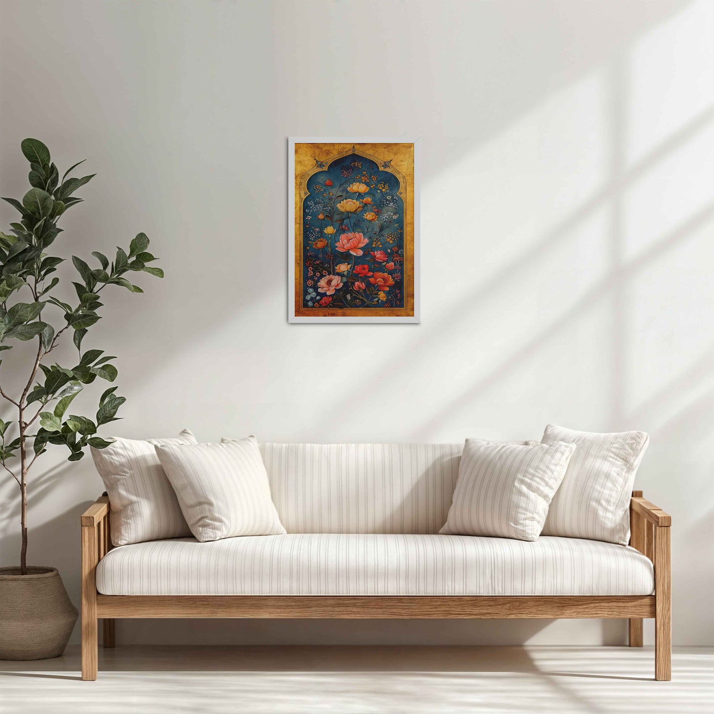 Living Room Cabinet Table Preview of Mughal-Persian Blossoms – Floral Elegance for Wall Decor in White Color Frame