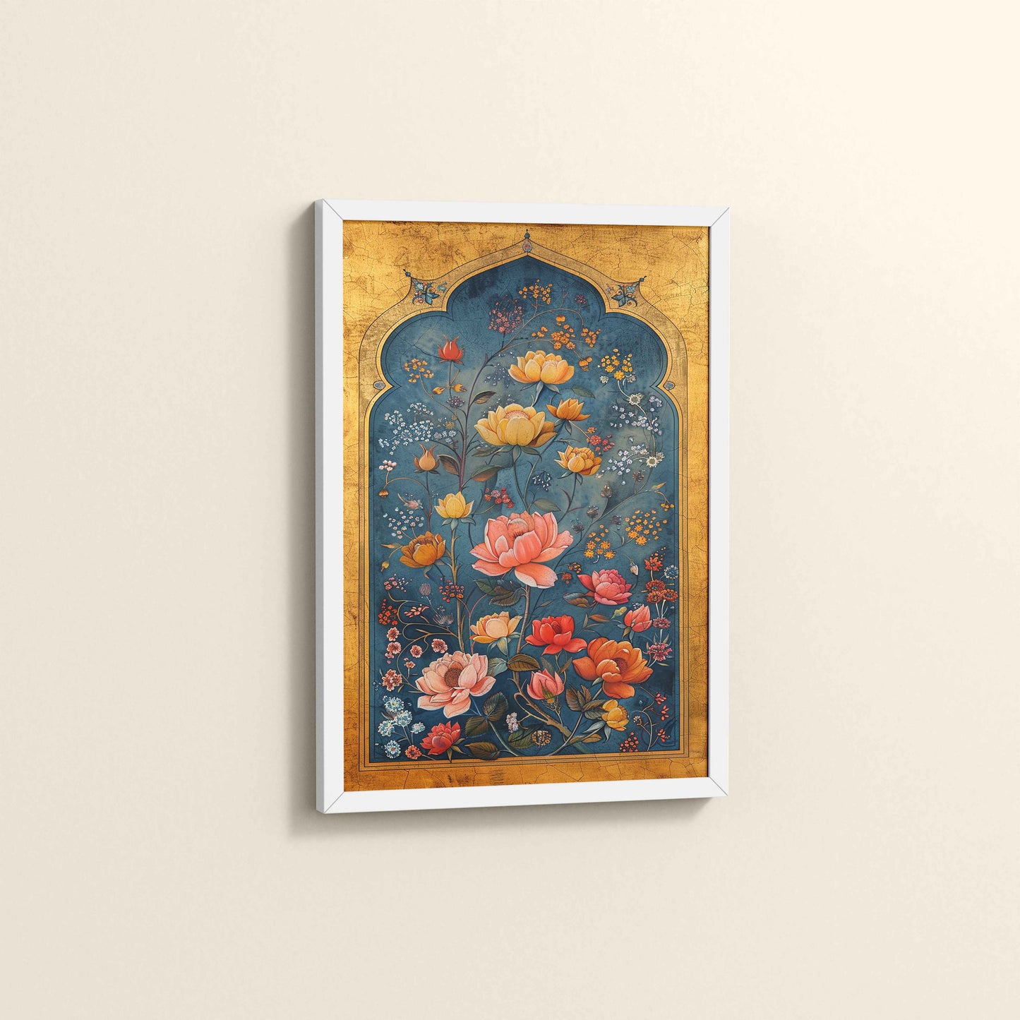 Side View of Mughal-Persian Blossoms – Floral Elegance for Wall Decor in White Color Frame