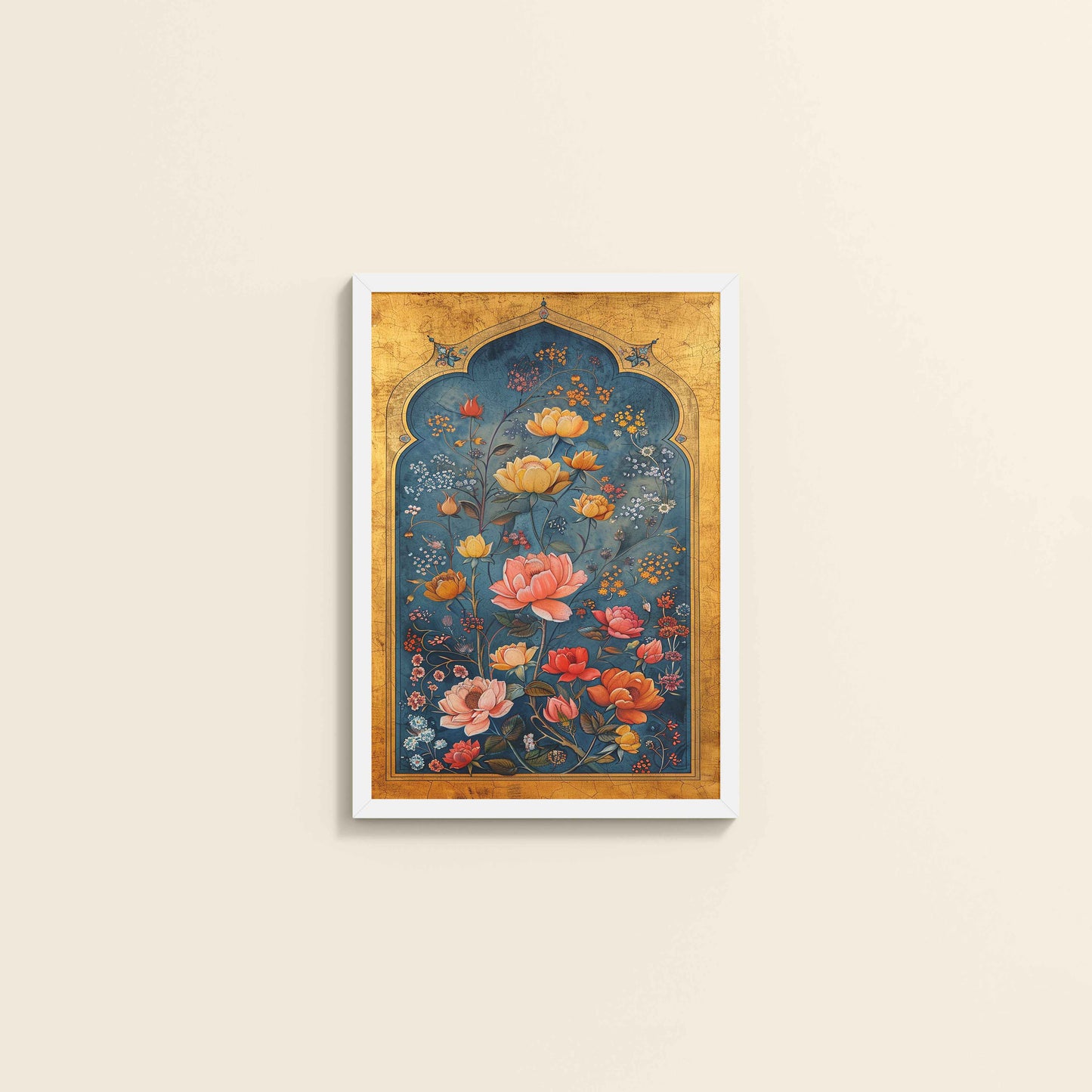 Wall View of Mughal-Persian Blossoms – Floral Elegance for Wall Decor in White Color Frame