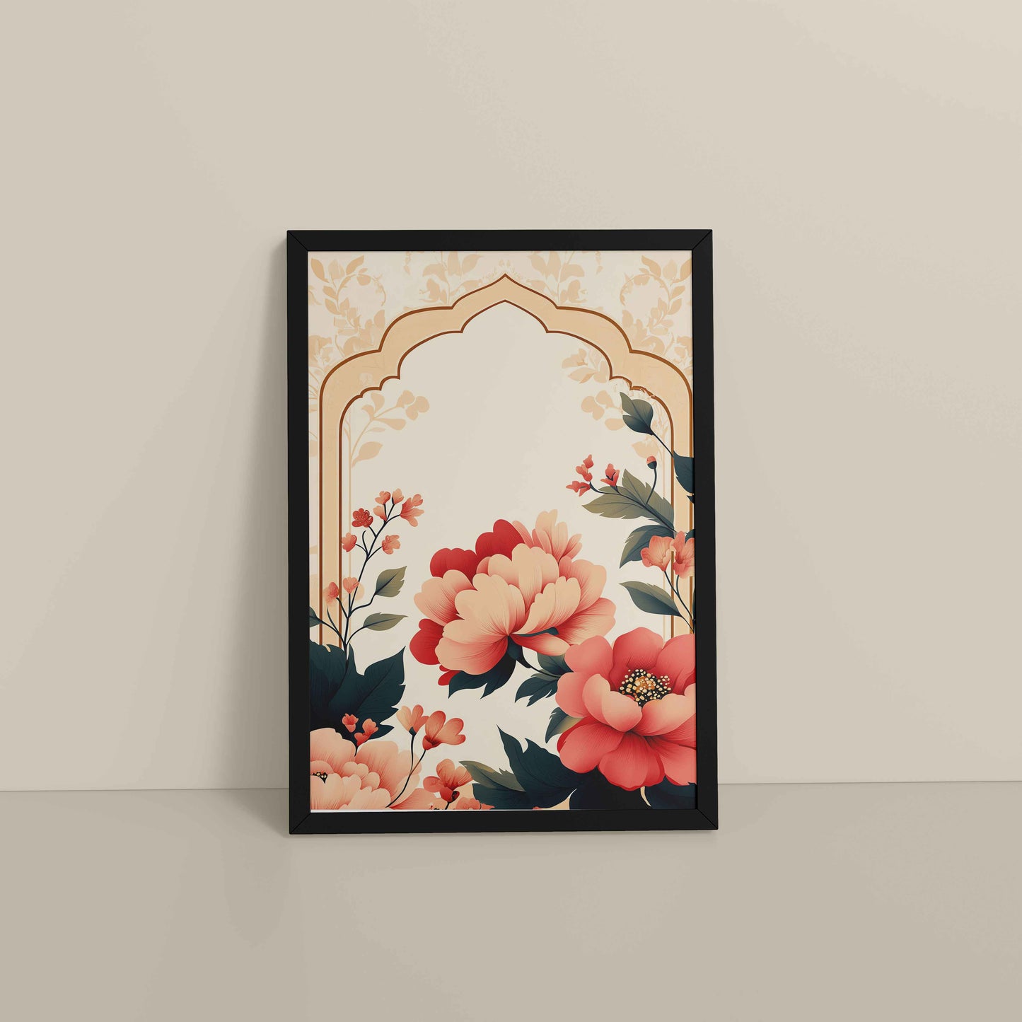 Floor View of Floral Harmony – Mughal-Inspired Timeless Artwork in Black Color Frame