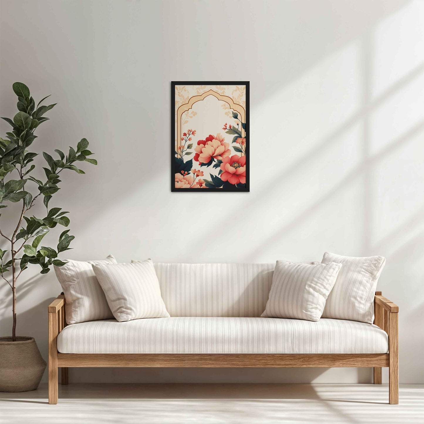 Living Room Cabinet Table Preview of Floral Harmony – Mughal-Inspired Timeless Artwork in Black Color Frame