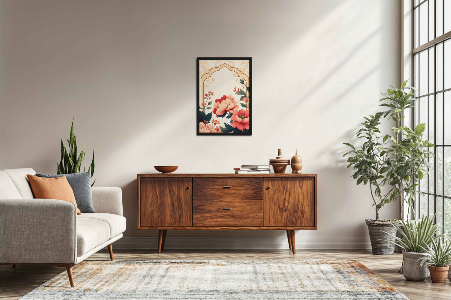 Living Room Sofa Preview of Floral Harmony – Mughal-Inspired Timeless Artwork in Black Color Frame