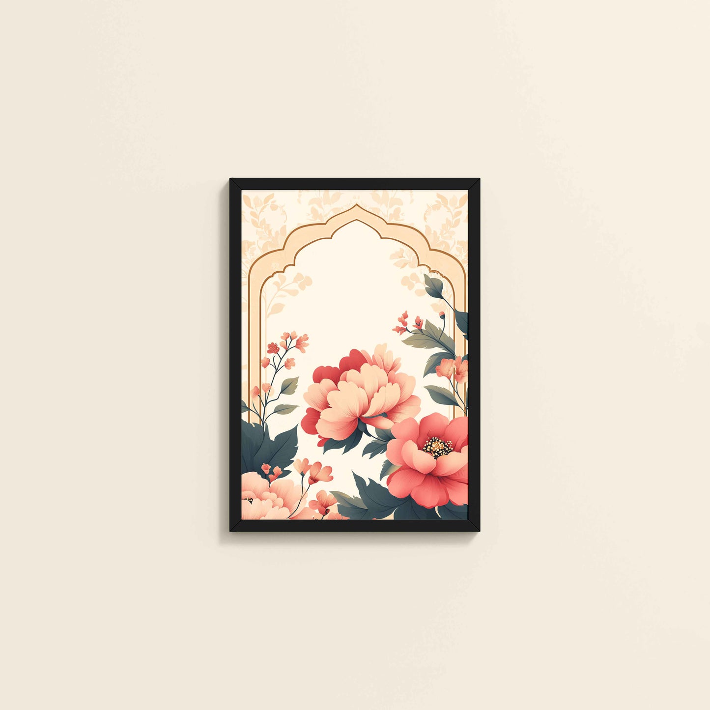 Wall View of Floral Harmony – Mughal-Inspired Timeless Artwork in Black Color Frame