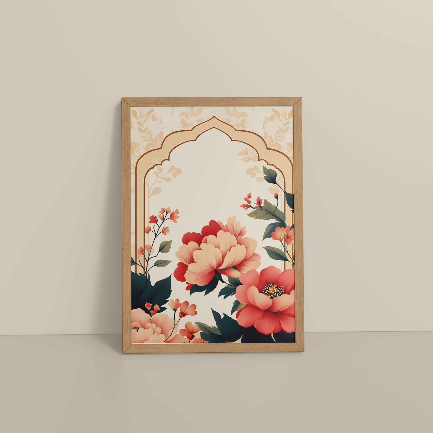 Floor View of Floral Harmony – Mughal-Inspired Timeless Artwork in Natrual Color Frame