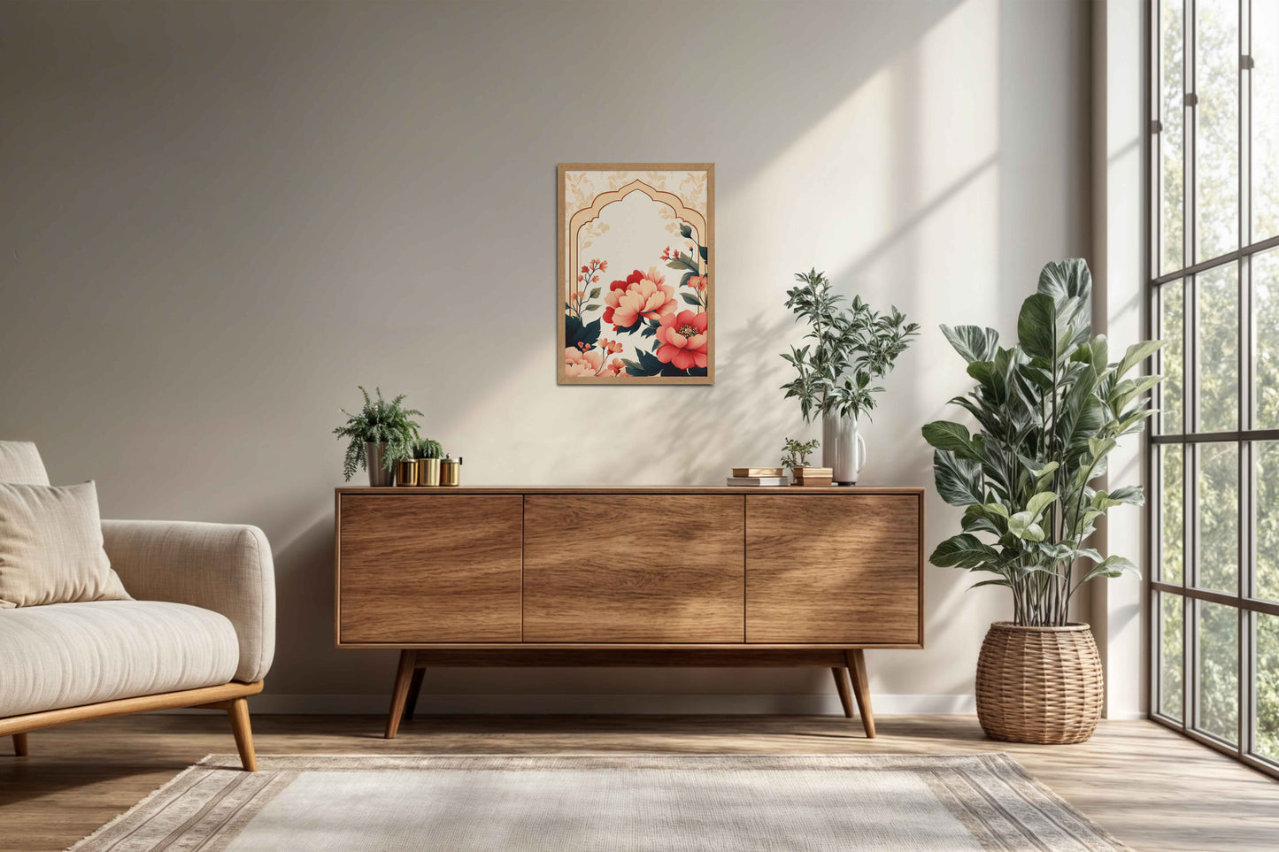 Living Room Cabinet Preview of Floral Harmony – Mughal-Inspired Timeless Artwork in Natrual Color Frame