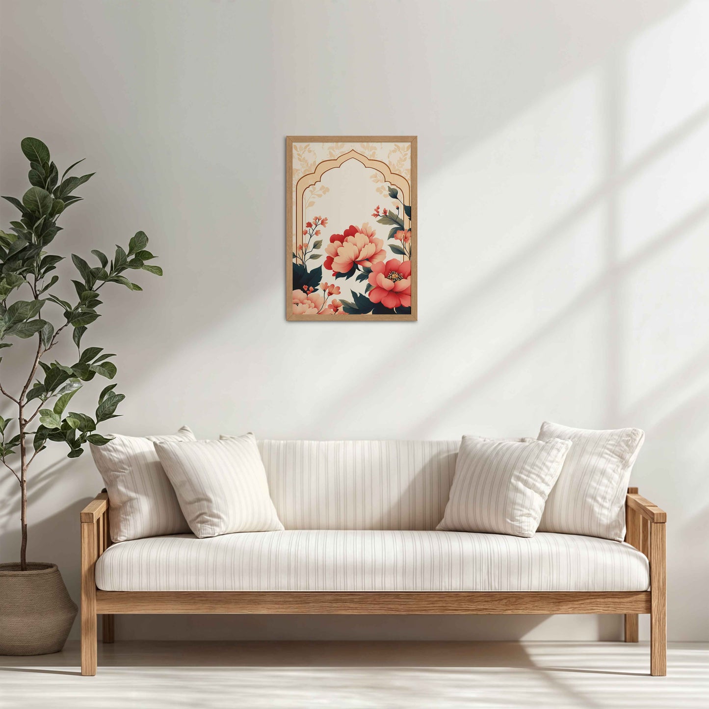 Living Room Cabinet Table Preview of Floral Harmony – Mughal-Inspired Timeless Artwork in Natrual Color Frame