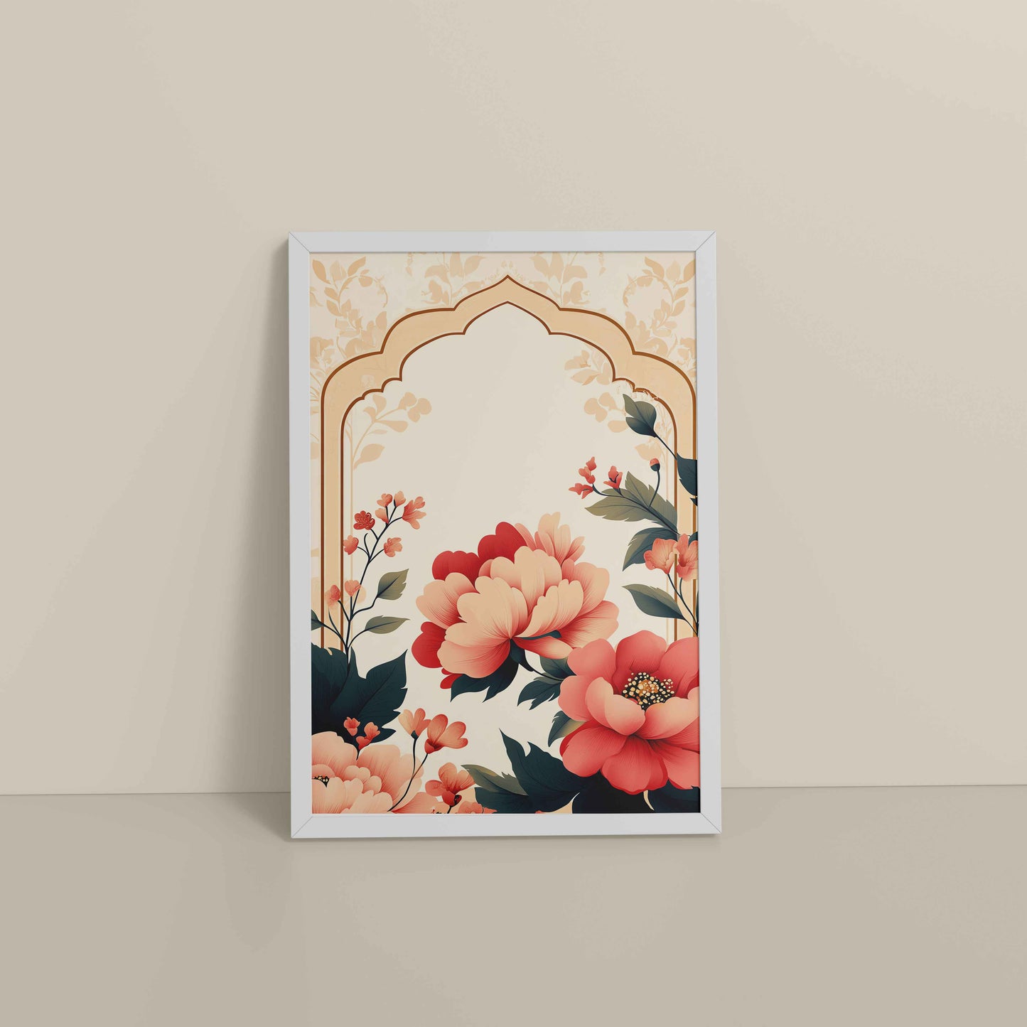 Floor View of Floral Harmony – Mughal-Inspired Timeless Artwork in White Color Frame