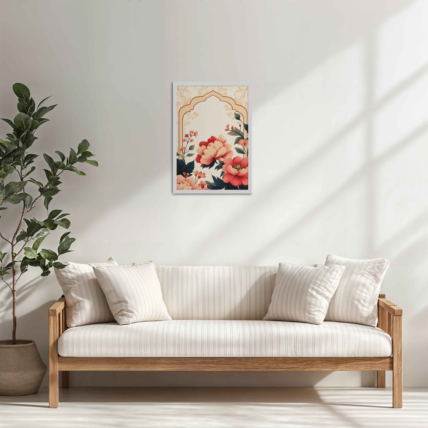 Living Room Cabinet Table Preview of Floral Harmony – Mughal-Inspired Timeless Artwork in White Color Frame