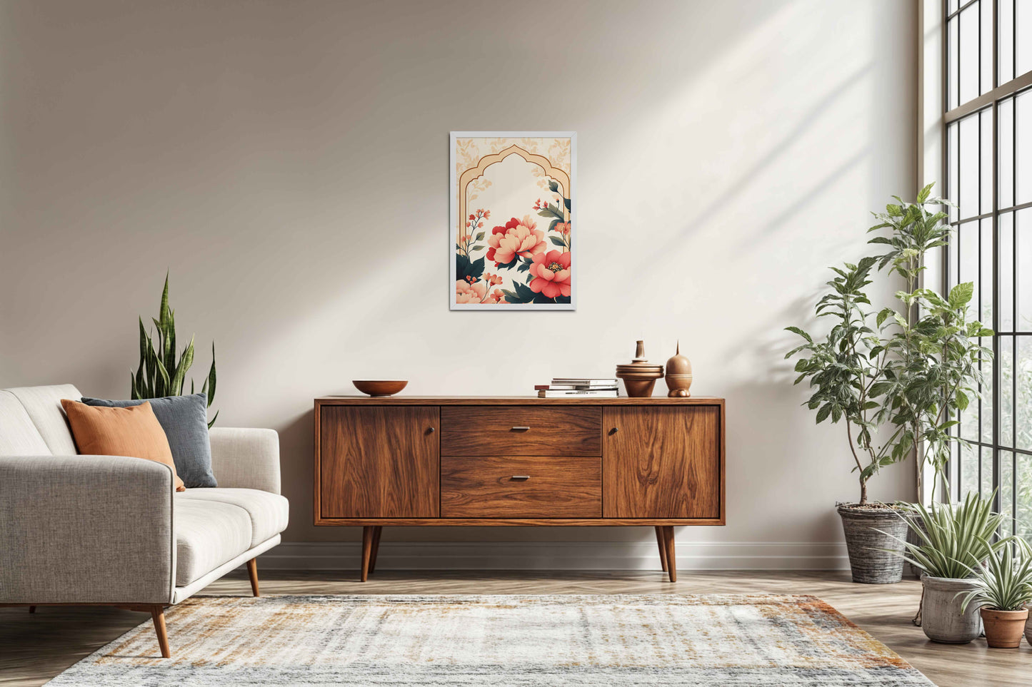 Living Room Sofa Preview of Floral Harmony – Mughal-Inspired Timeless Artwork in White Color Frame