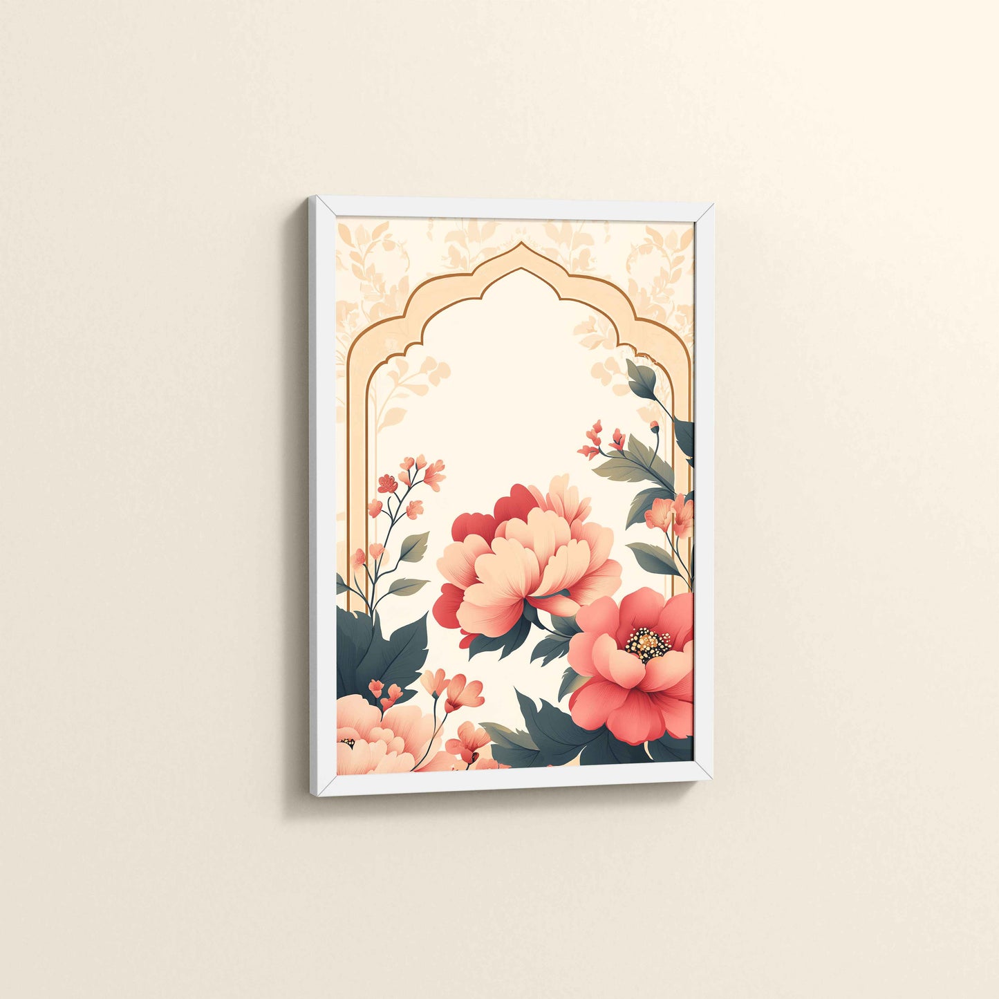 Side View of Floral Harmony – Mughal-Inspired Timeless Artwork in White Color Frame