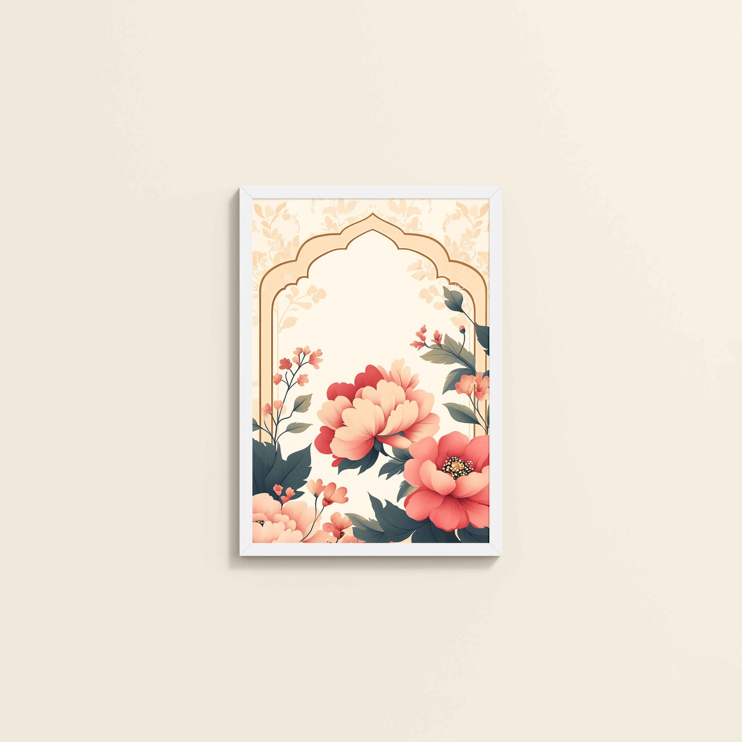 Wall View of Floral Harmony – Mughal-Inspired Timeless Artwork in White Color Frame