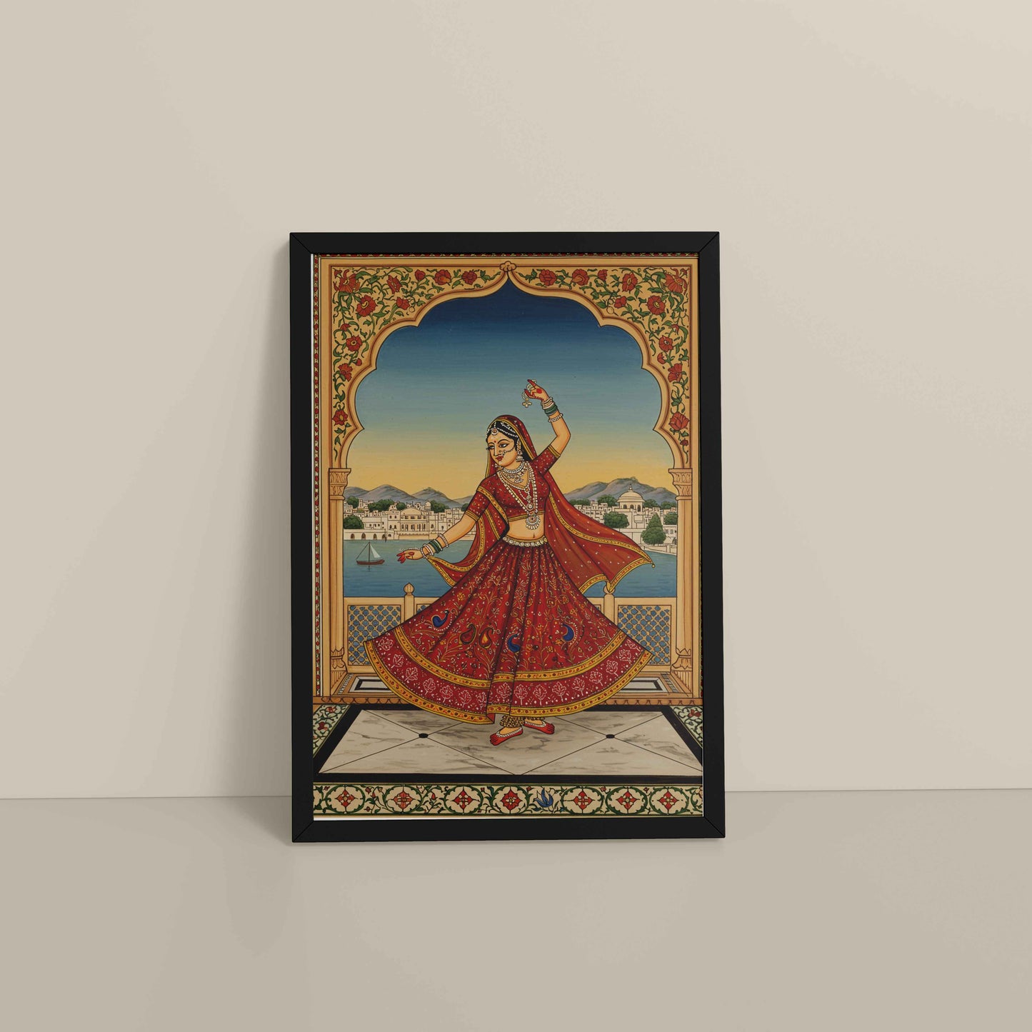 Floor View of Graceful Dance of Indian Woman – Mughal-Inspired Wall Decor in Black Color Frame
