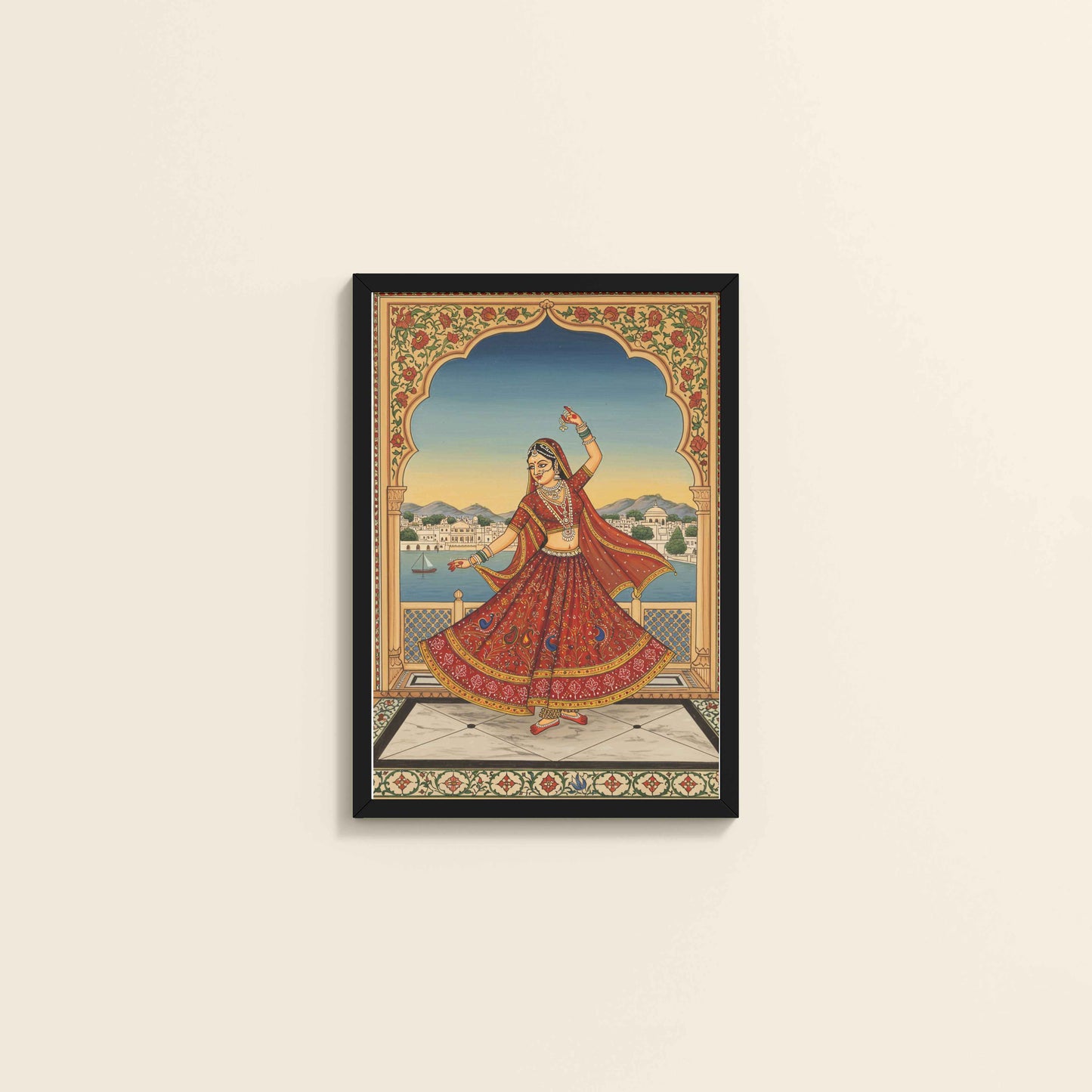Wall View of Graceful Dance of Indian Woman – Mughal-Inspired Wall Decor in Black Color Frame