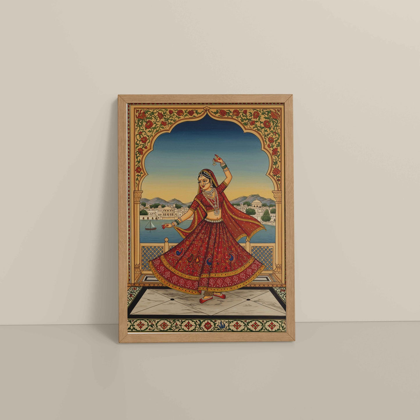 Floor View of Graceful Dance of Indian Woman – Mughal-Inspired Wall Decor in Natrual Color Frame