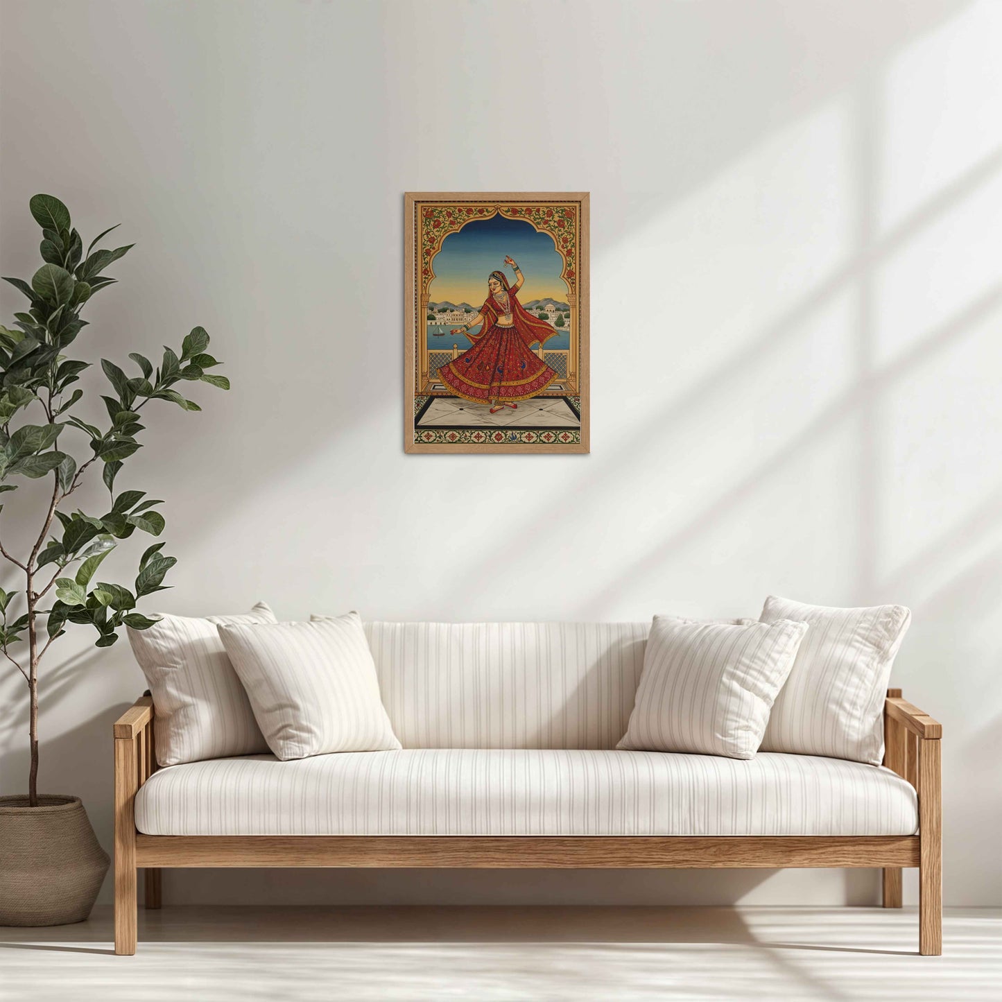Living Room Cabinet Table Preview of Graceful Dance of Indian Woman – Mughal-Inspired Wall Decor in Natrual Color Frame