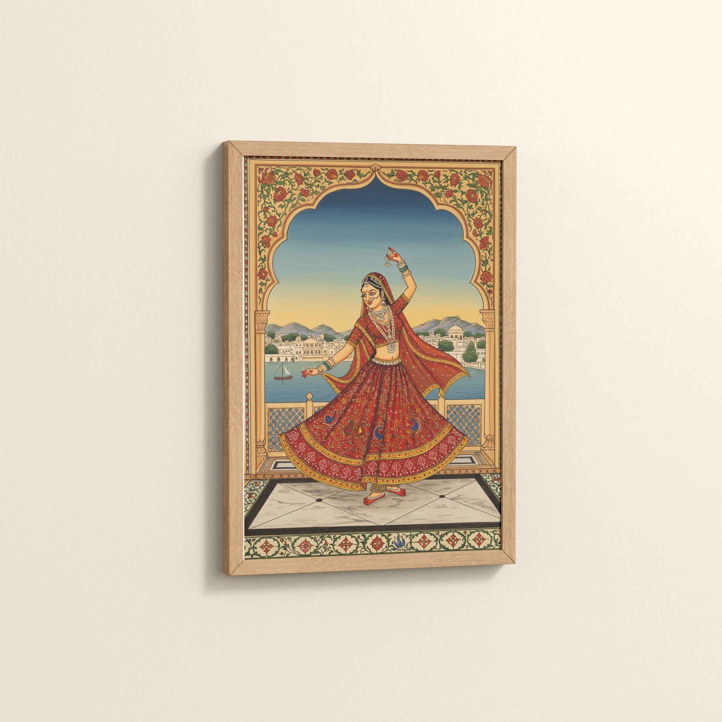 Side View of Graceful Dance of Indian Woman – Mughal-Inspired Wall Decor in Natrual Color Frame