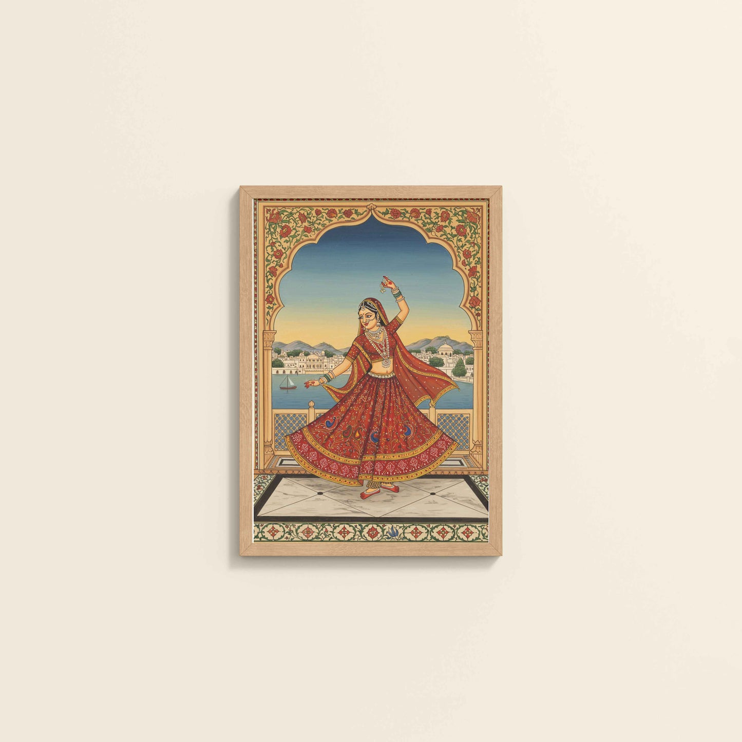 Wall View of Graceful Dance of Indian Woman – Mughal-Inspired Wall Decor in Natrual Color Frame