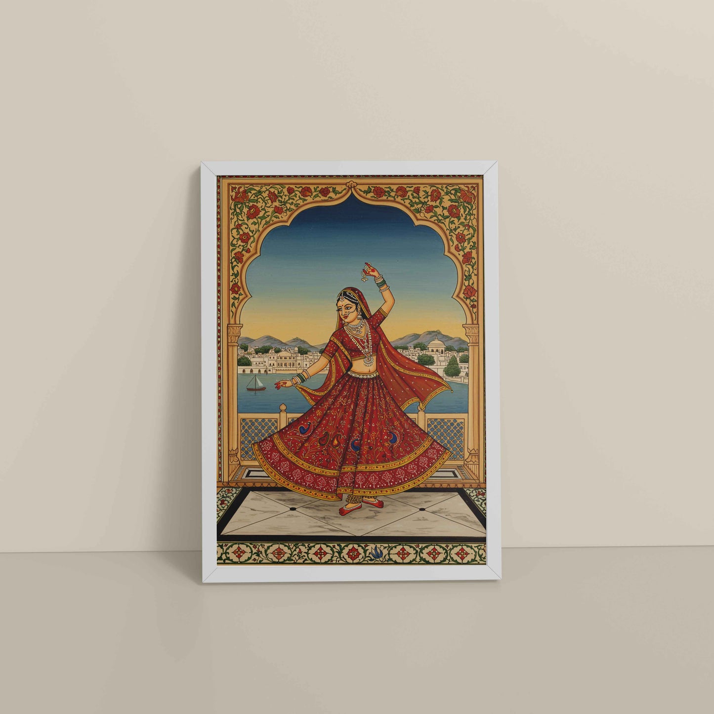 Floor View of Graceful Dance of Indian Woman – Mughal-Inspired Wall Decor in White Color Frame