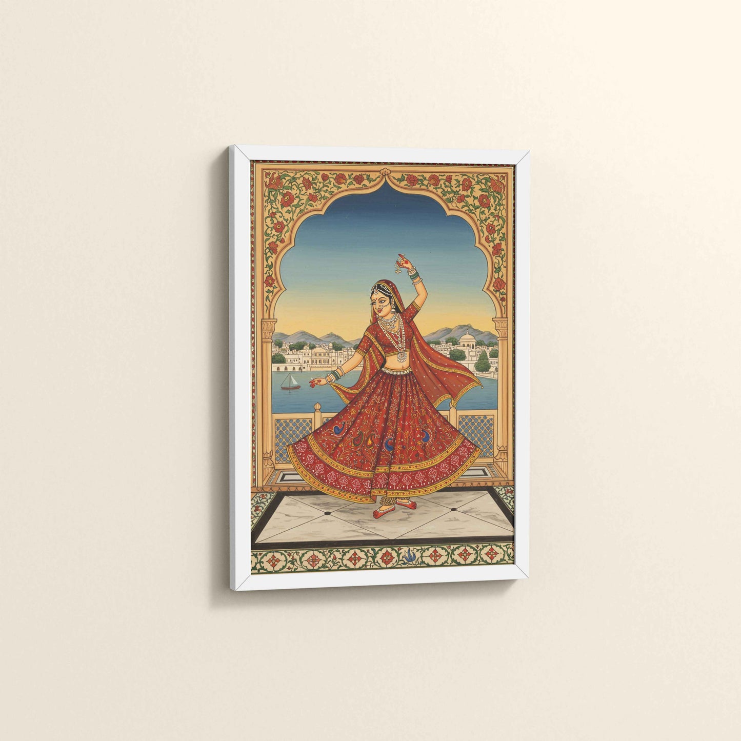 Side View of Graceful Dance of Indian Woman – Mughal-Inspired Wall Decor in White Color Frame