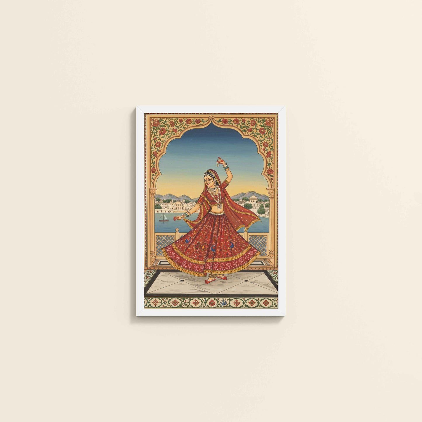 Wall View of Graceful Dance of Indian Woman – Mughal-Inspired Wall Decor in White Color Frame