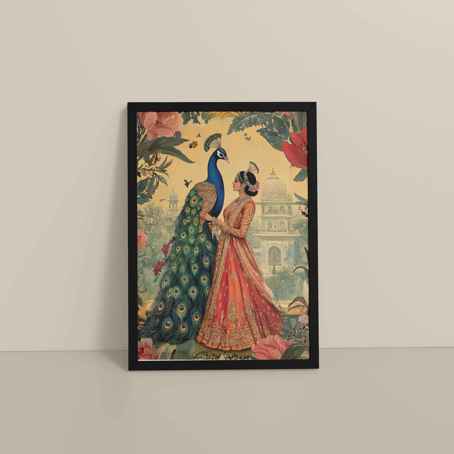 Floor View of Royal Queen with Beautiful Peacock – Timeless Mughal-Inspired Artwork in Black Color Frame