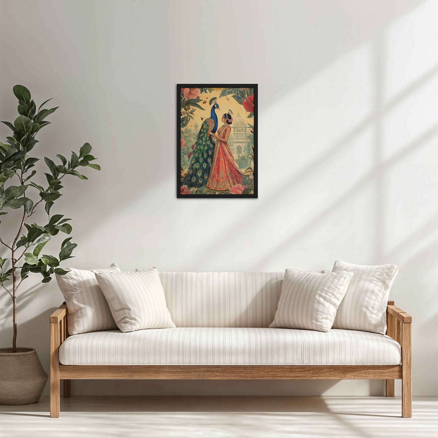 Living Room Cabinet Table Preview of Royal Queen with Beautiful Peacock – Timeless Mughal-Inspired Artwork in Black Color Frame