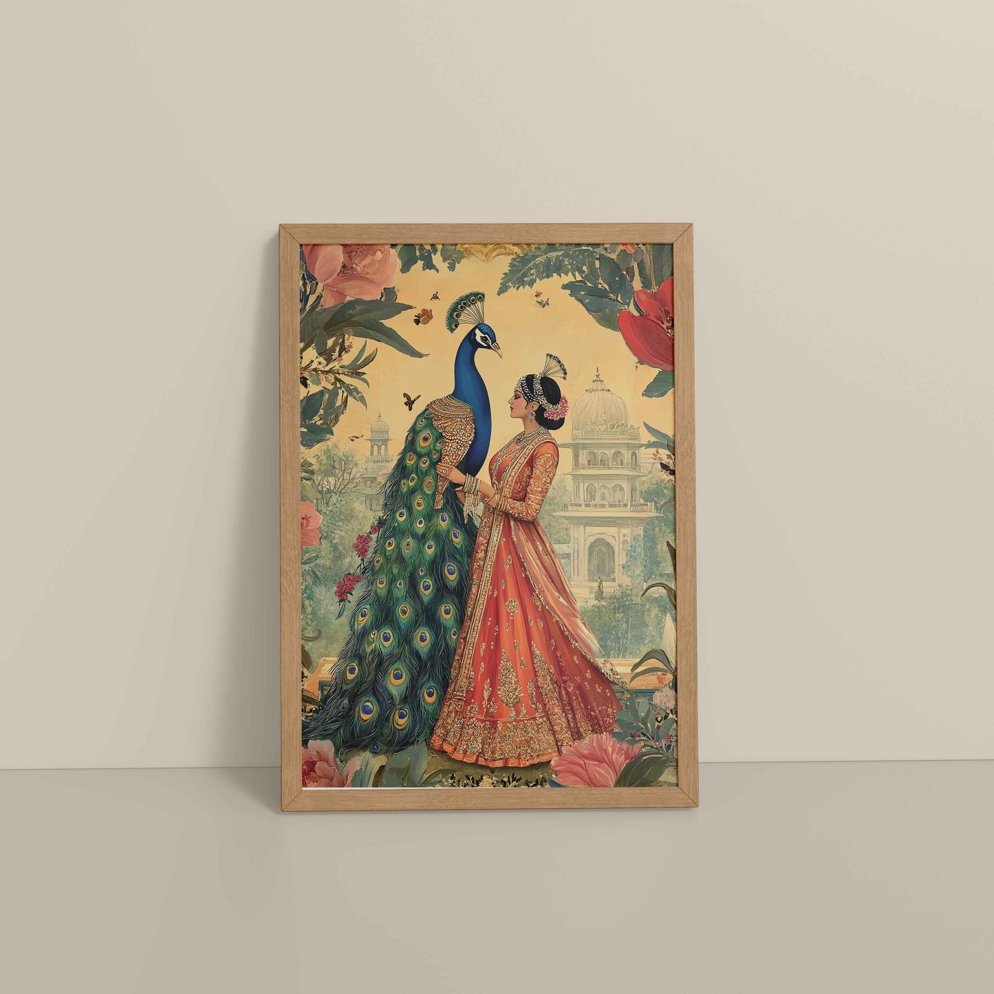 Floor View of Royal Queen with Beautiful Peacock – Timeless Mughal-Inspired Artwork in Natrual Color Frame