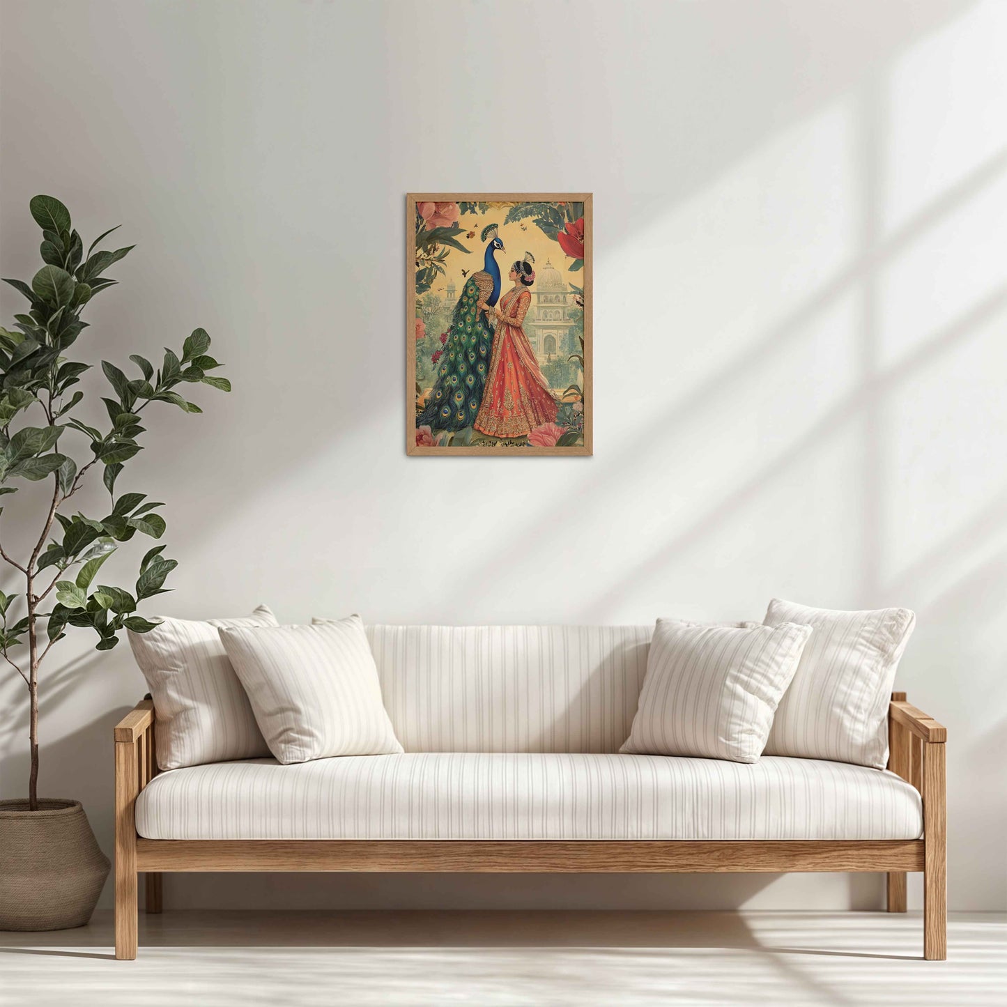 Living Room Cabinet Table Preview of Royal Queen with Beautiful Peacock – Timeless Mughal-Inspired Artwork in Natrual Color Frame