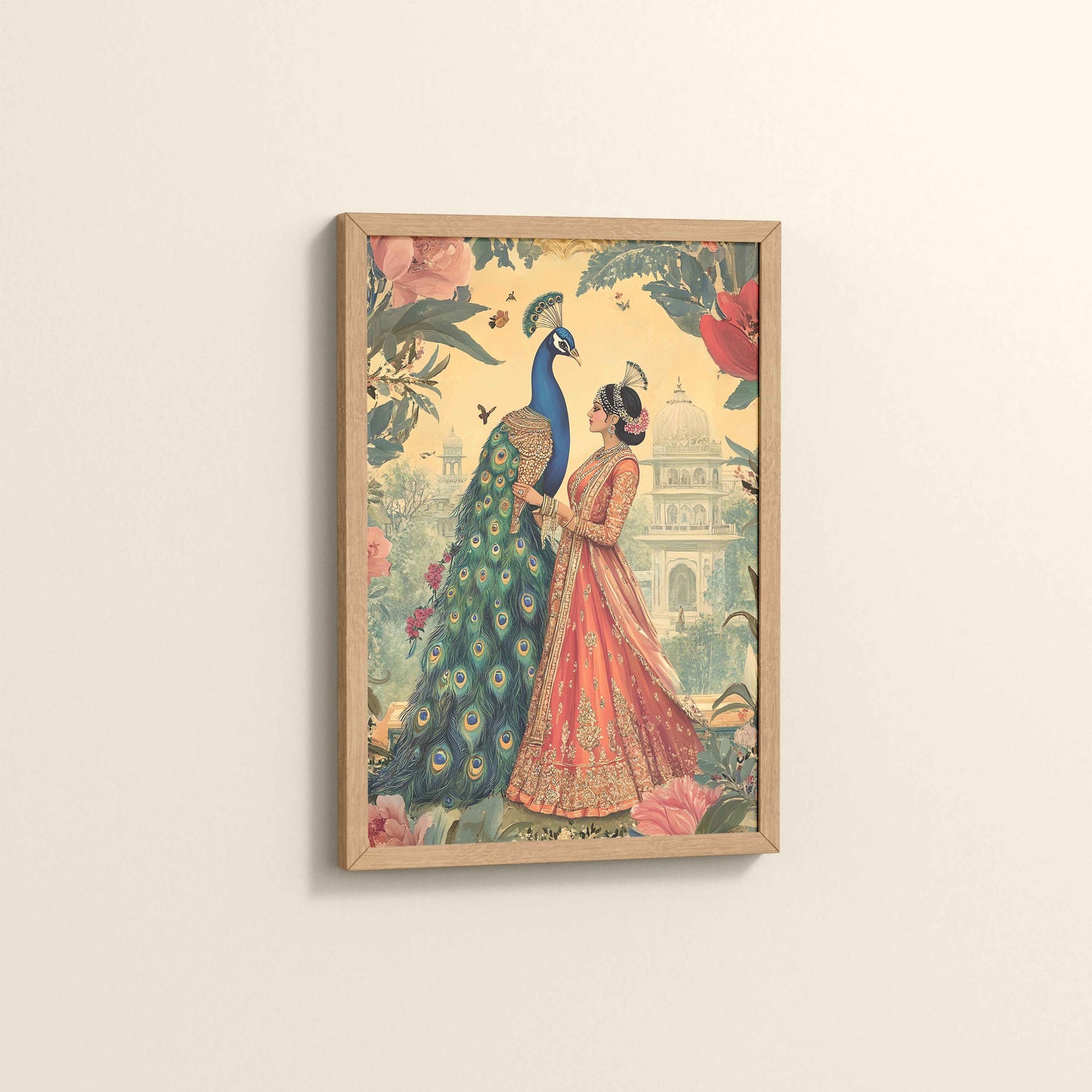Side View of Royal Queen with Beautiful Peacock – Timeless Mughal-Inspired Artwork in Natrual Color Frame