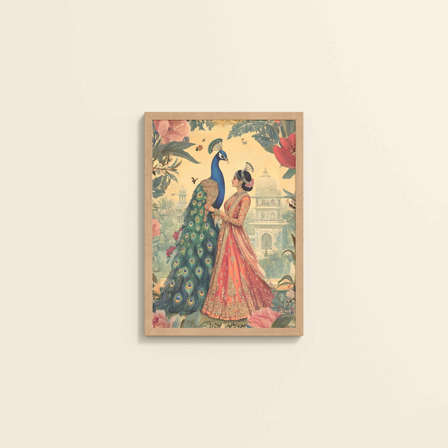 Wall View of Royal Queen with Beautiful Peacock – Timeless Mughal-Inspired Artwork in Natrual Color Frame