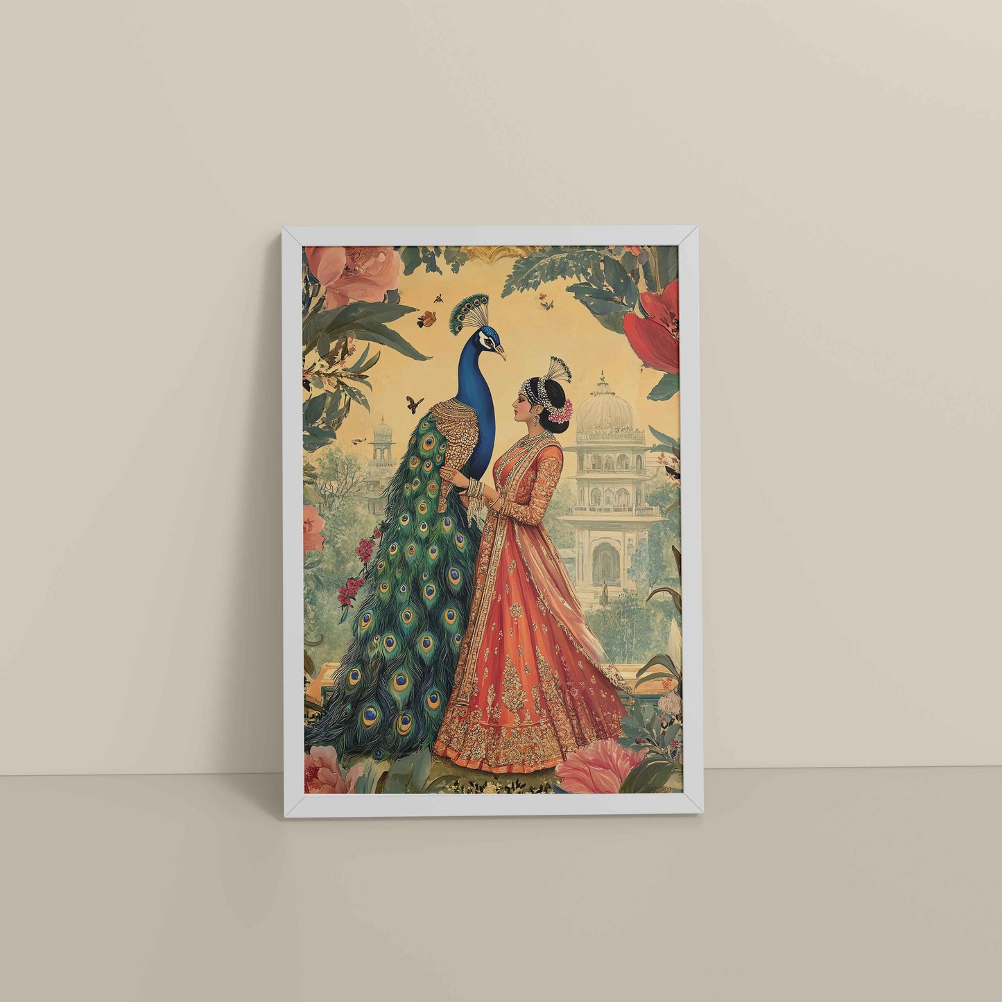Floor View of Royal Queen with Beautiful Peacock – Timeless Mughal-Inspired Artwork in White Color Frame