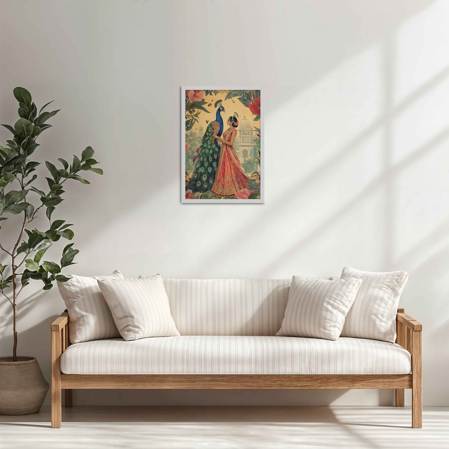 Living Room Cabinet Table Preview of Royal Queen with Beautiful Peacock – Timeless Mughal-Inspired Artwork in White Color Frame